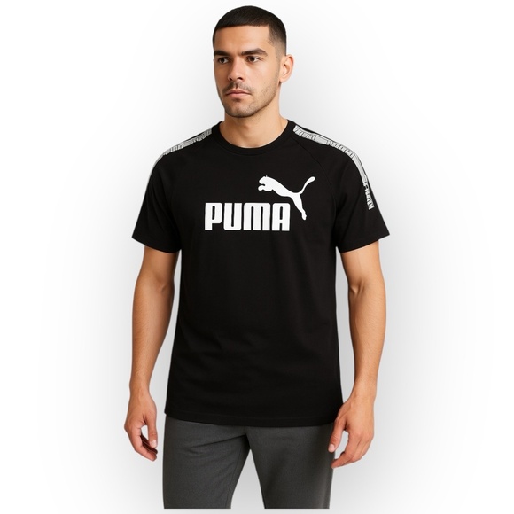 EUC PUMA Black Logo Graphic Tee with Reflective Stripes – Size M 0944 - Picture 1 of 8